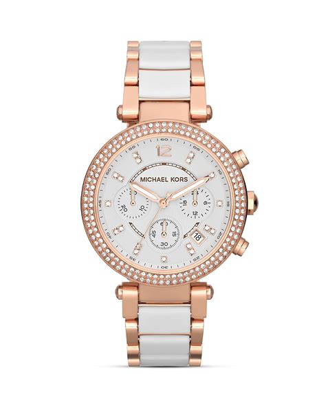 michael kors parker chronograph glitz watch in white &|Michael Kors parker chronograph dial.